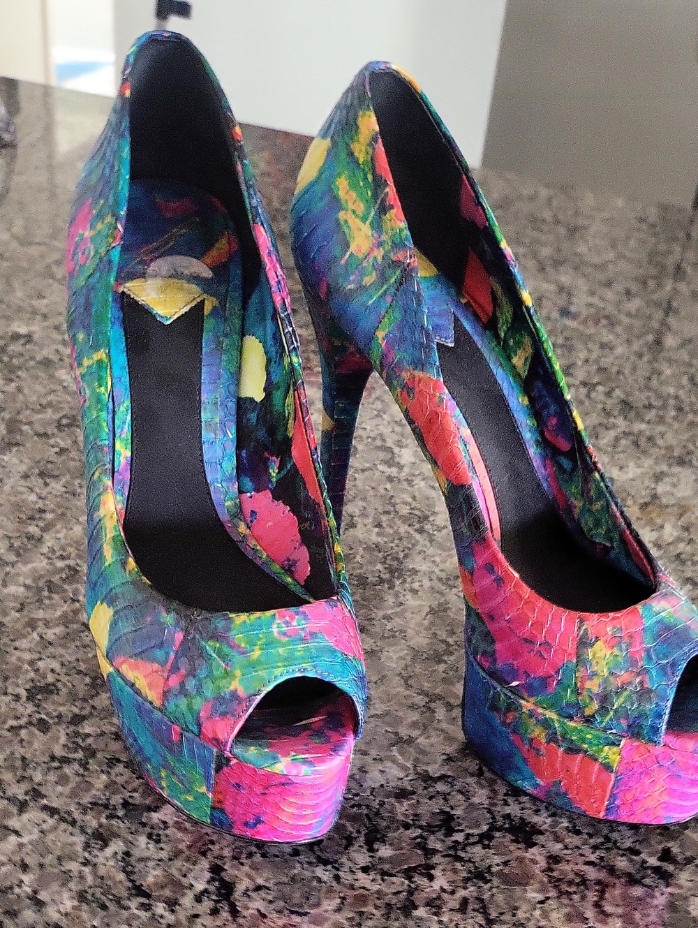 Brian Atwood Multicolor Paint-Splash Peep-Toe Platform Pumps